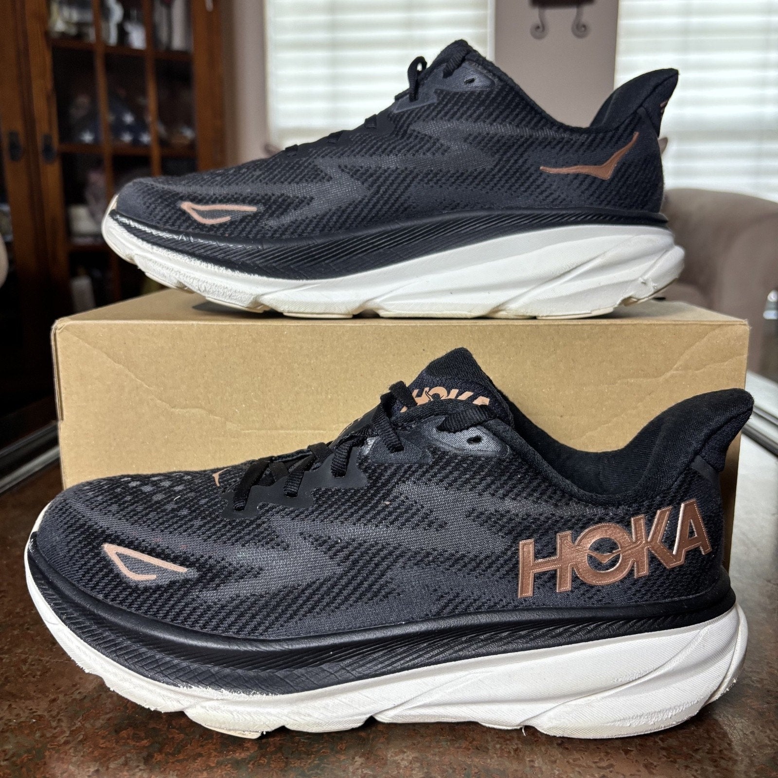 HOKA One One Clifton 9 Running Shoes Womens 9.5 Black Rose Gold Athletic Sneaker