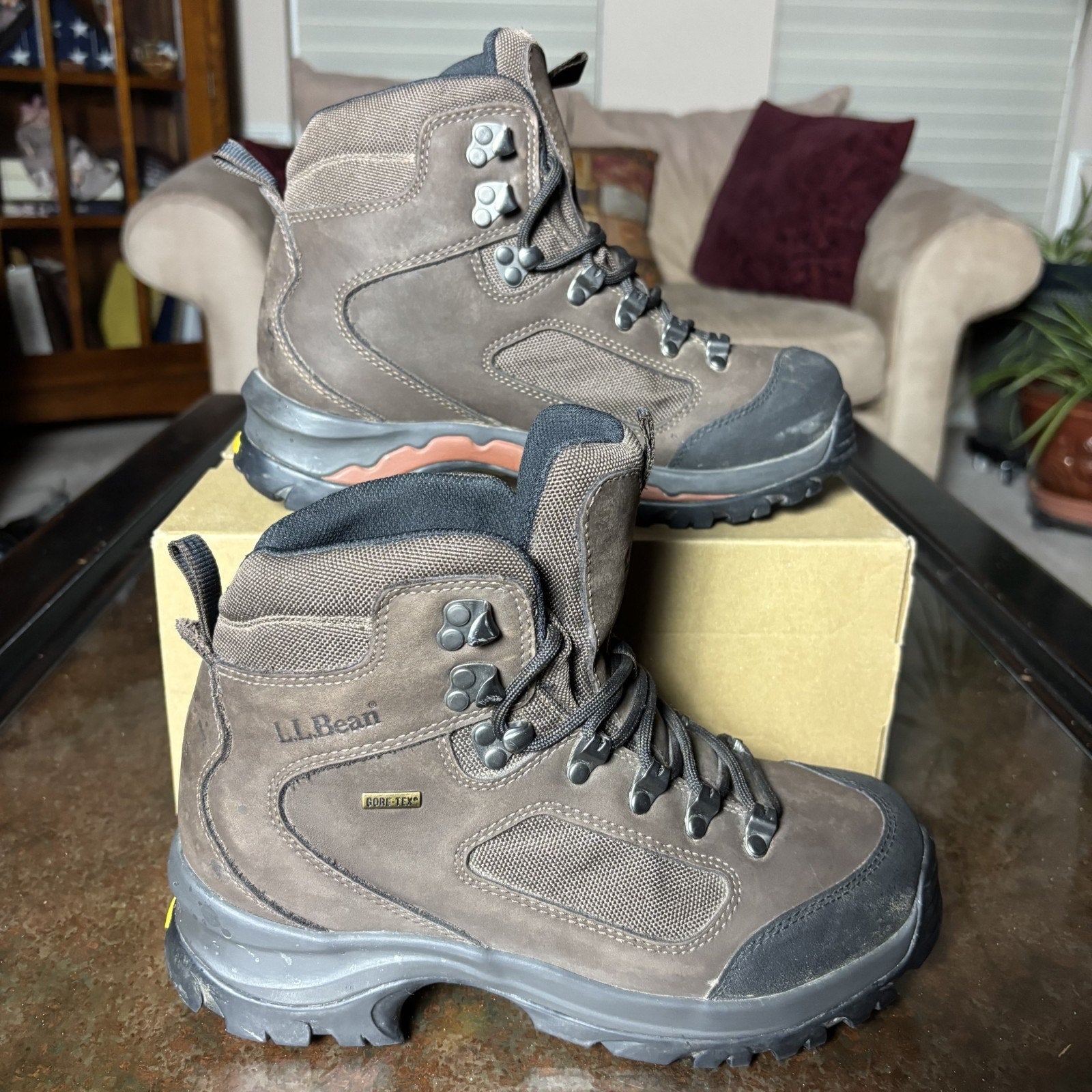 LL Bean GTX Mid Hiking Boots Women's 8.5 Wide Brown Black Leather Trail Outdoor