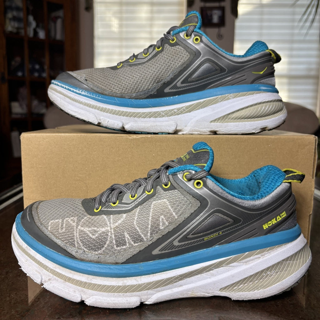 Hoka One One Bondi 4 Shoes Womens 8 Grey Blue Road Running Athletic Gym Sneakers