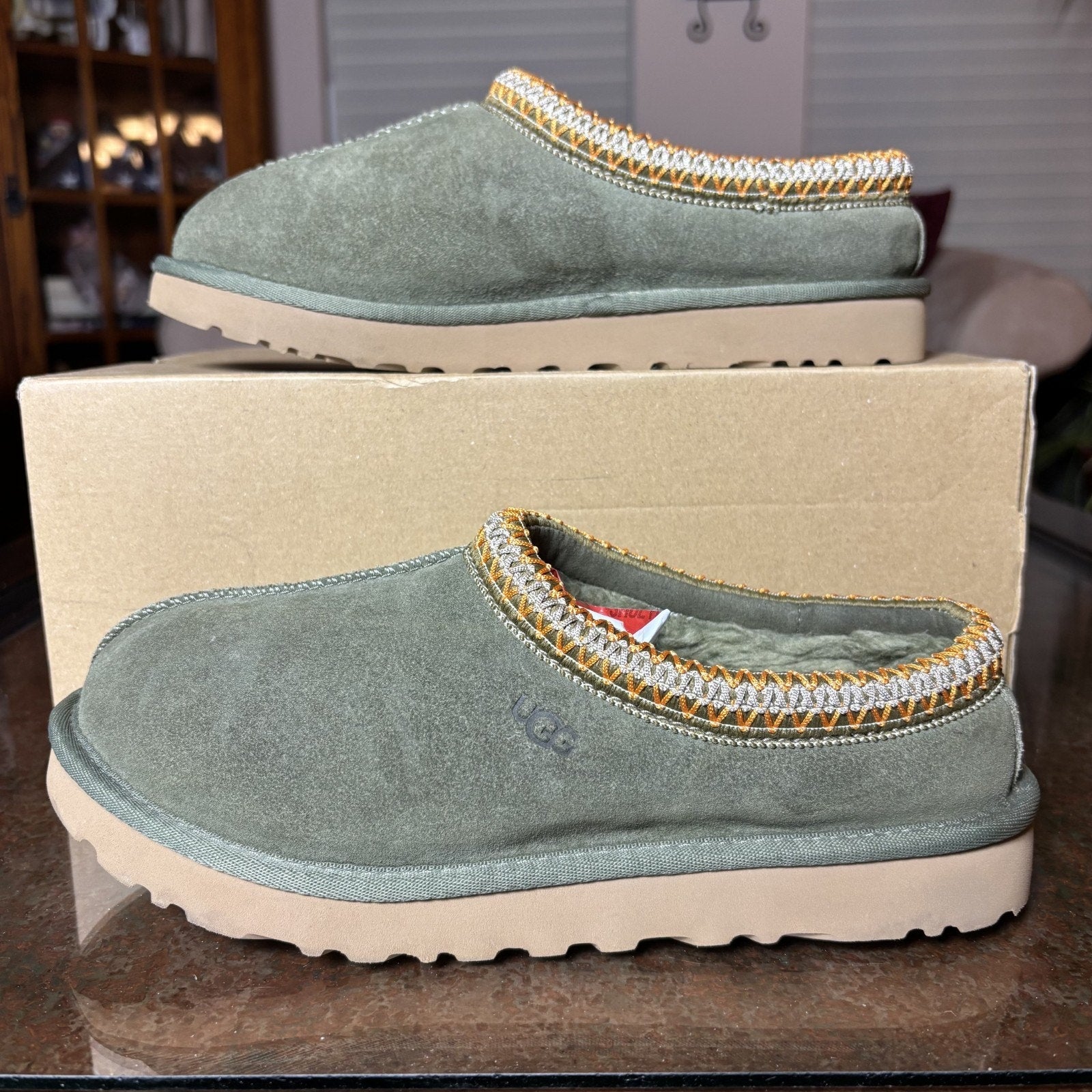 UGG Tasman Slippers Women's 8 Olive Green Lined Suede Sheep Skin Shoes Sneakers