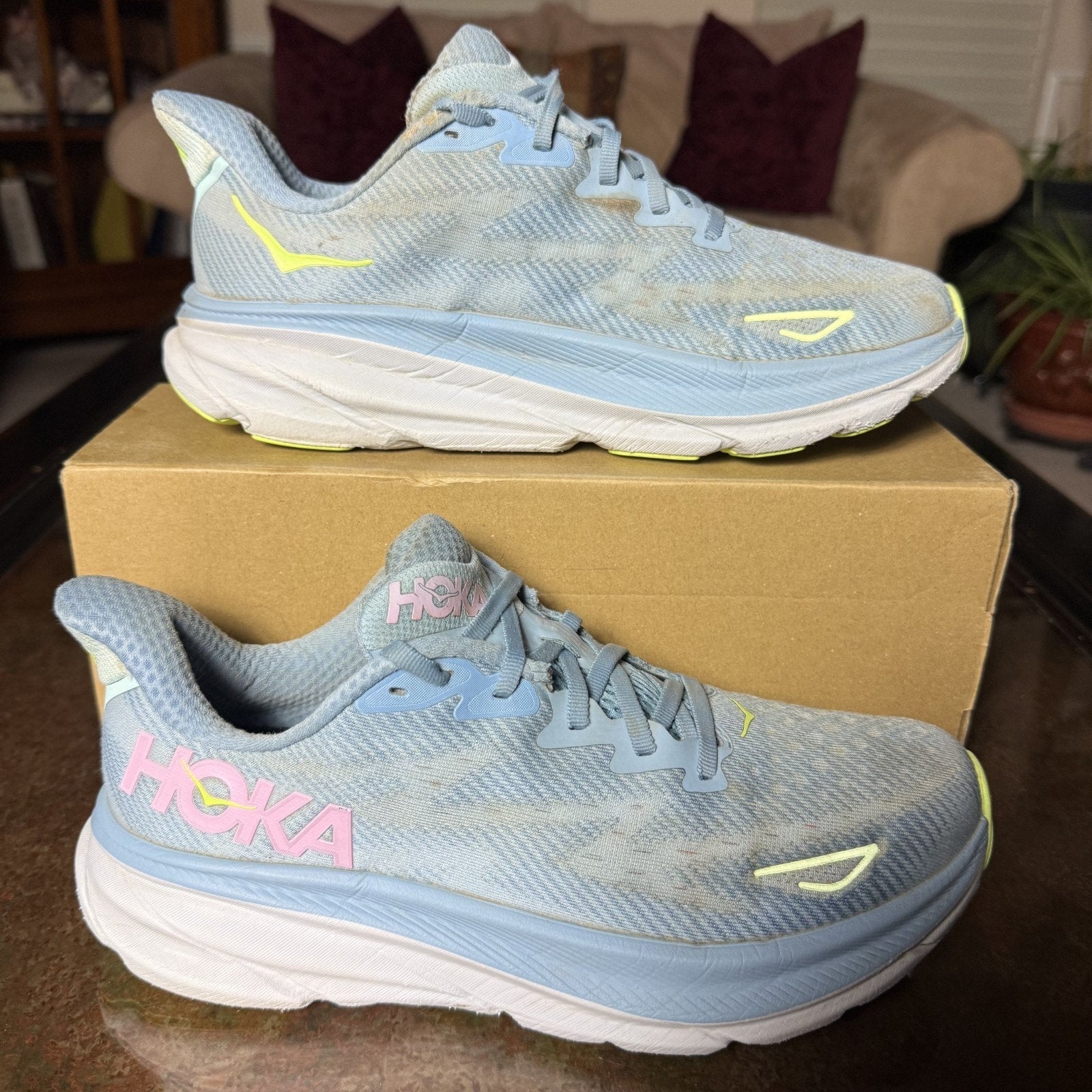 Hoka One One Clifton 9 Shoes Women's 9.5 Blue Pink Road Running Athletic Sneaker
