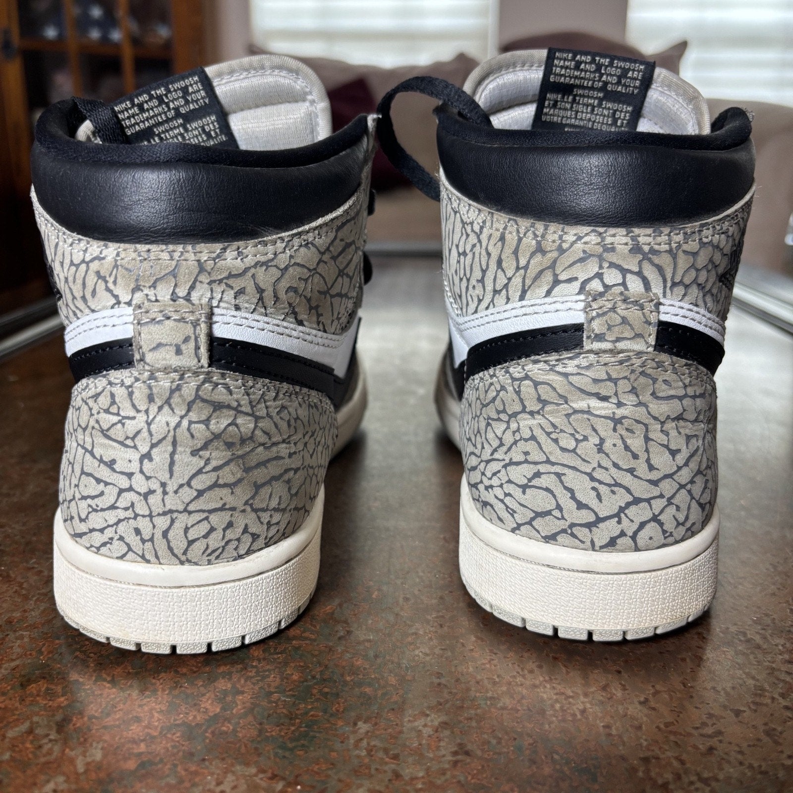 Air Jordan 1 Retro High OG Sneakers Mens Size 8 White Grey Cement Elephant Print