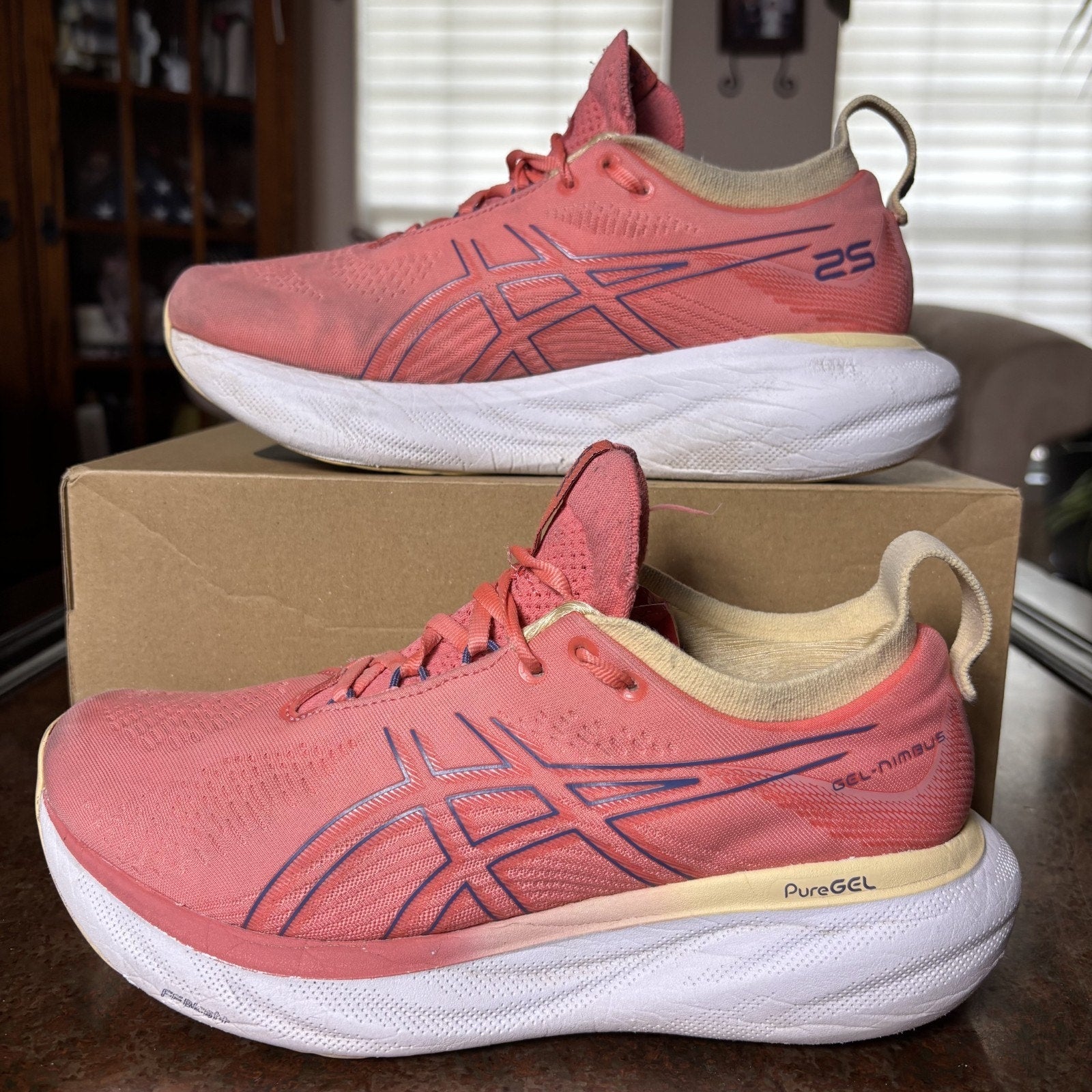 Asics Gel Nimbus 25 Running Shoes Women's 9 Wide Pink Salmon Athletic Sneakers