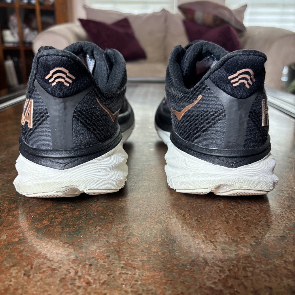 HOKA One One Clifton 9 Running Shoes Womens 9.5 Black Rose Gold Athletic Sneaker