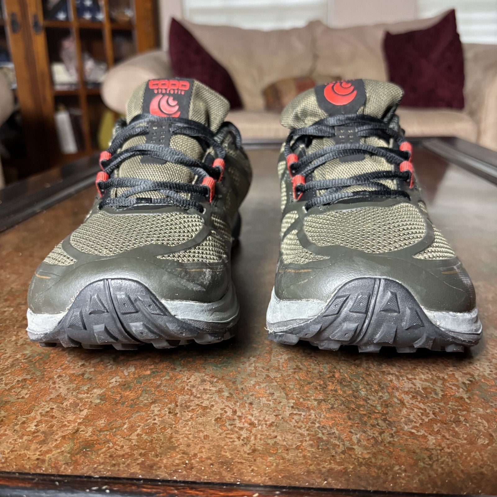 Topo Athletic Terraventure 2 Mens 12 Olive Green Red Trail Running Shoes Sneaker