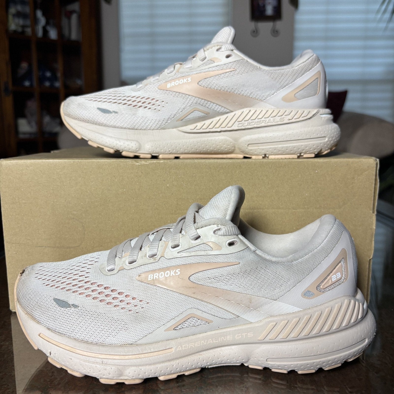 Brooks Adrenaline GTS 23 Shoes Womens Size 7 Beige Road Running Athletic Sneaker