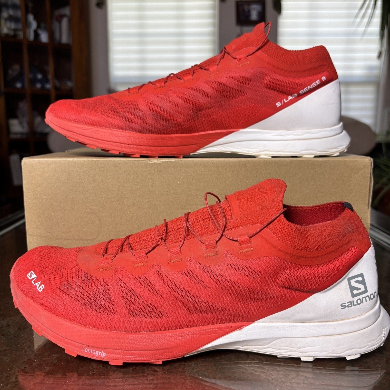 Salomon S/Lab Sense 8 Shoes Mens 11.5 Red White Trail Running Athletic Sneakers