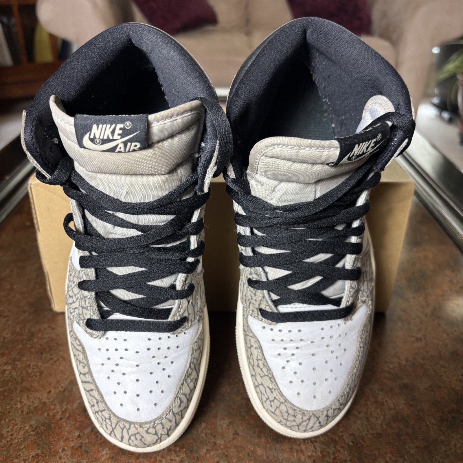 Air Jordan 1 Retro High OG Sneakers Mens Size 8 White Grey Cement Elephant Print