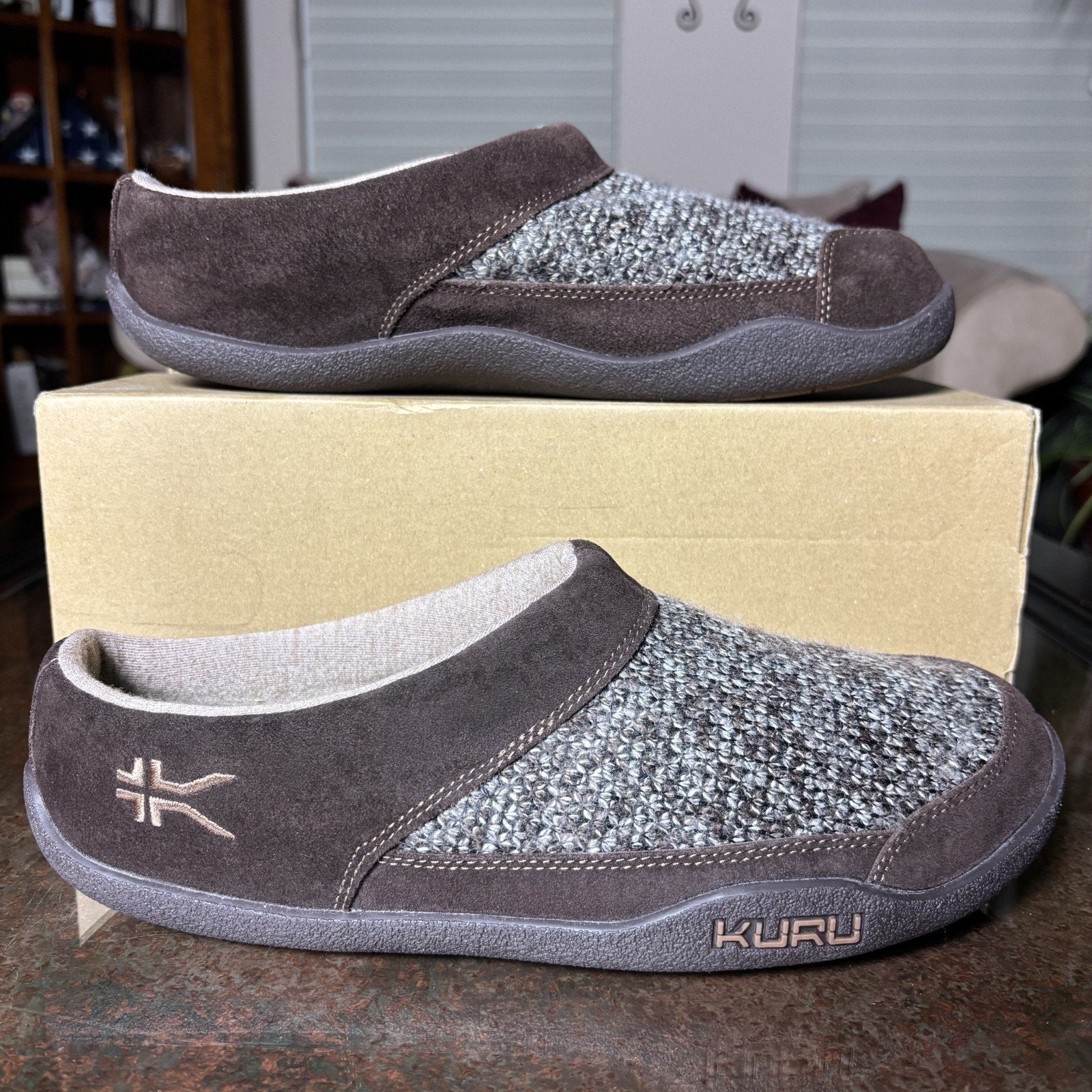 Kuru Draft Slippers Men's Size 9.5 Brown Grey Knit Comfort Walking Mule Slip-ON