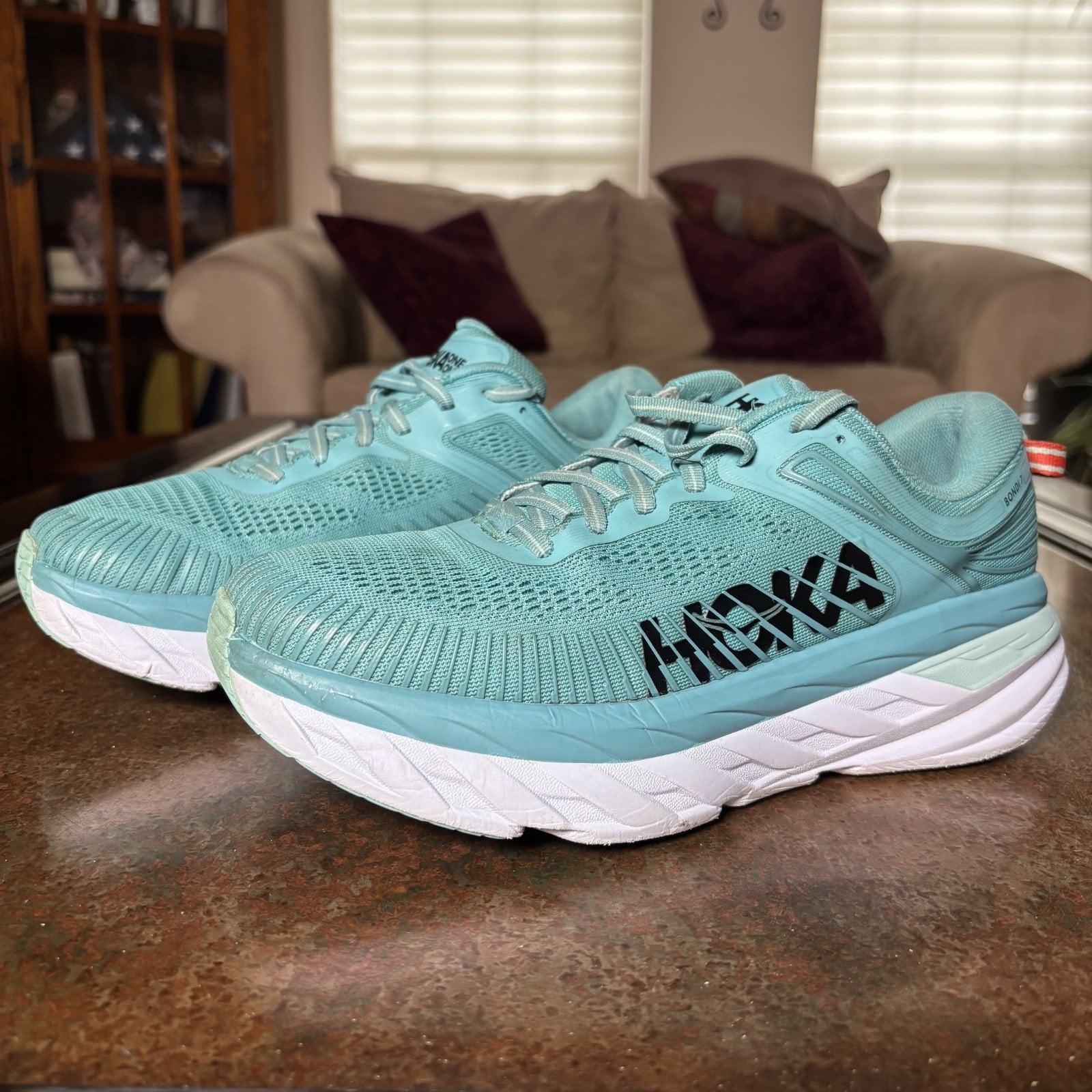Hoka One One Bondi 7 Shoes Womens Size 9 Blue Road Running Athletic Gym Sneakers