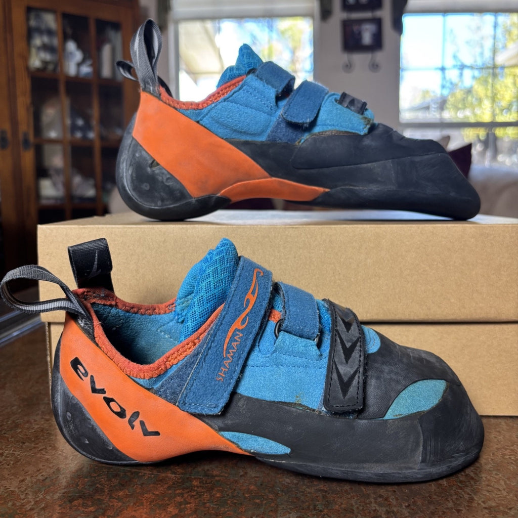 Evolv Shaman Climbing Shoes Mens Size 9 Blue Orange Bouldering Sneakers Strap On