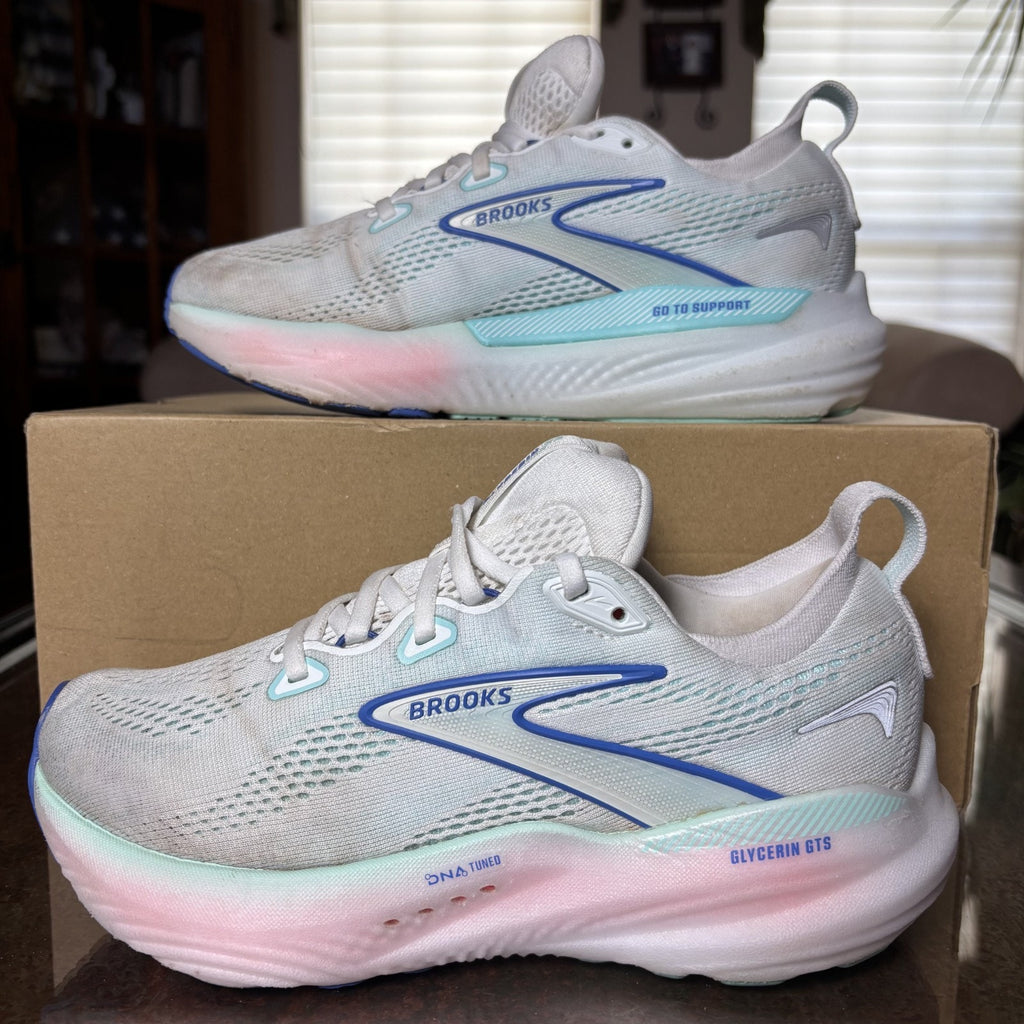 Brooks Glycerin 22 Womens 6 D Wide White Blue Pink Walking Running Shoes Sneaker