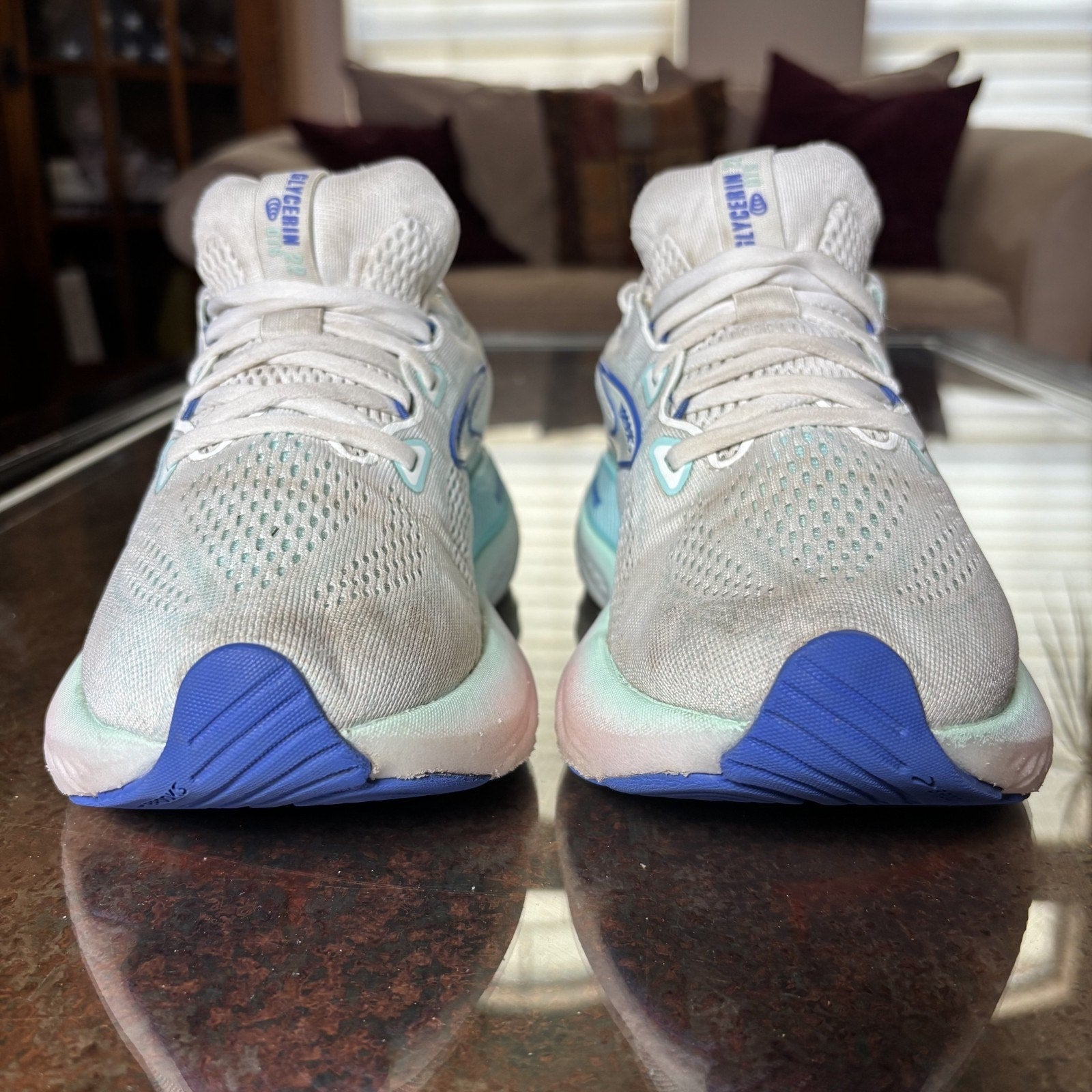 Brooks Glycerin 22 Womens 6 D Wide White Blue Pink Walking Running Shoes Sneaker