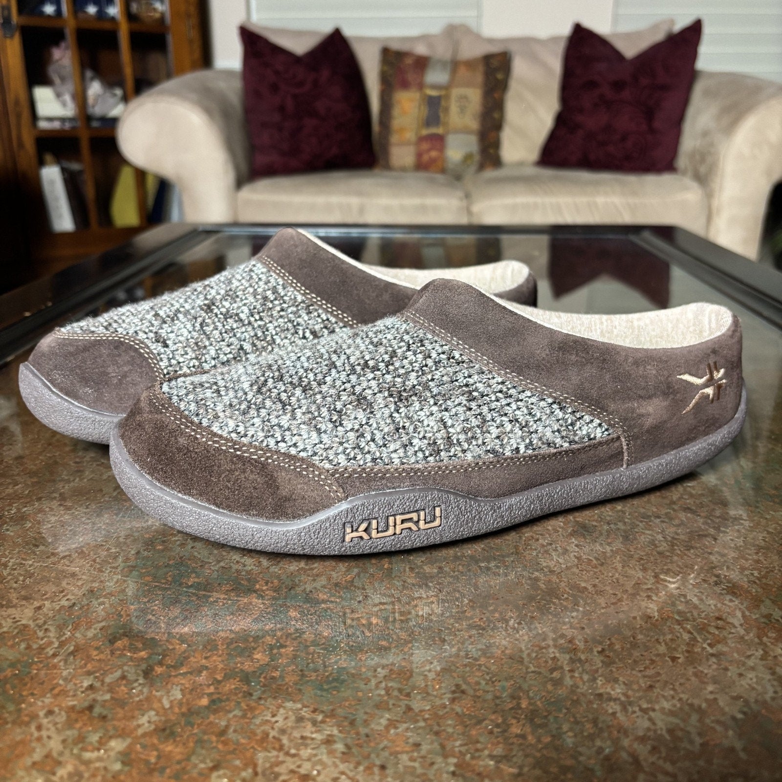 Kuru Draft Slippers Men's Size 9.5 Brown Grey Knit Comfort Walking Mule Slip-ON