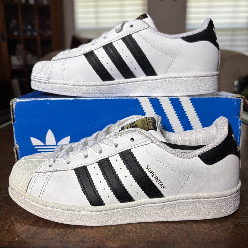 Adidas Originals Superstar Shoes Kids Size 3 White Black Leather Sneakers NEW