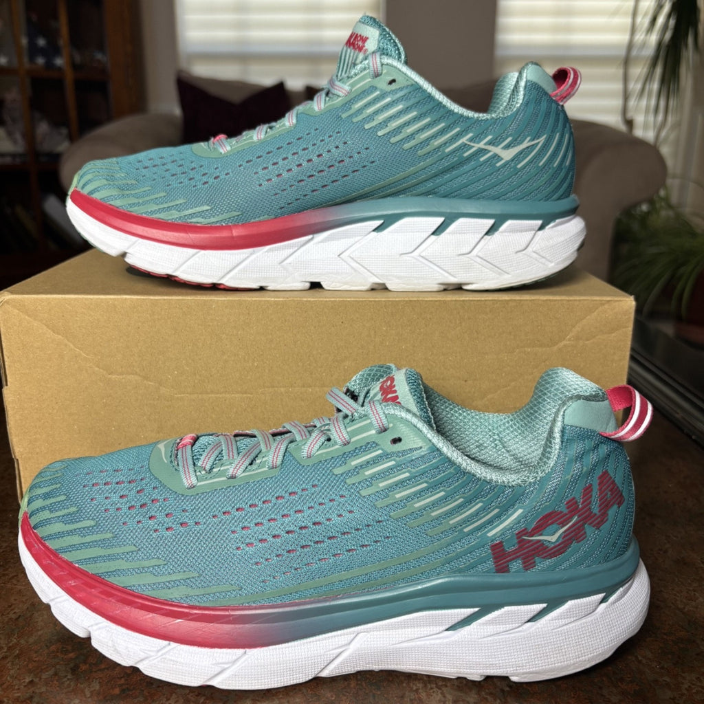 Hoka One One Clifton 5 Shoes Womens 9.5 Green Road Running Athletic Gym Sneakers