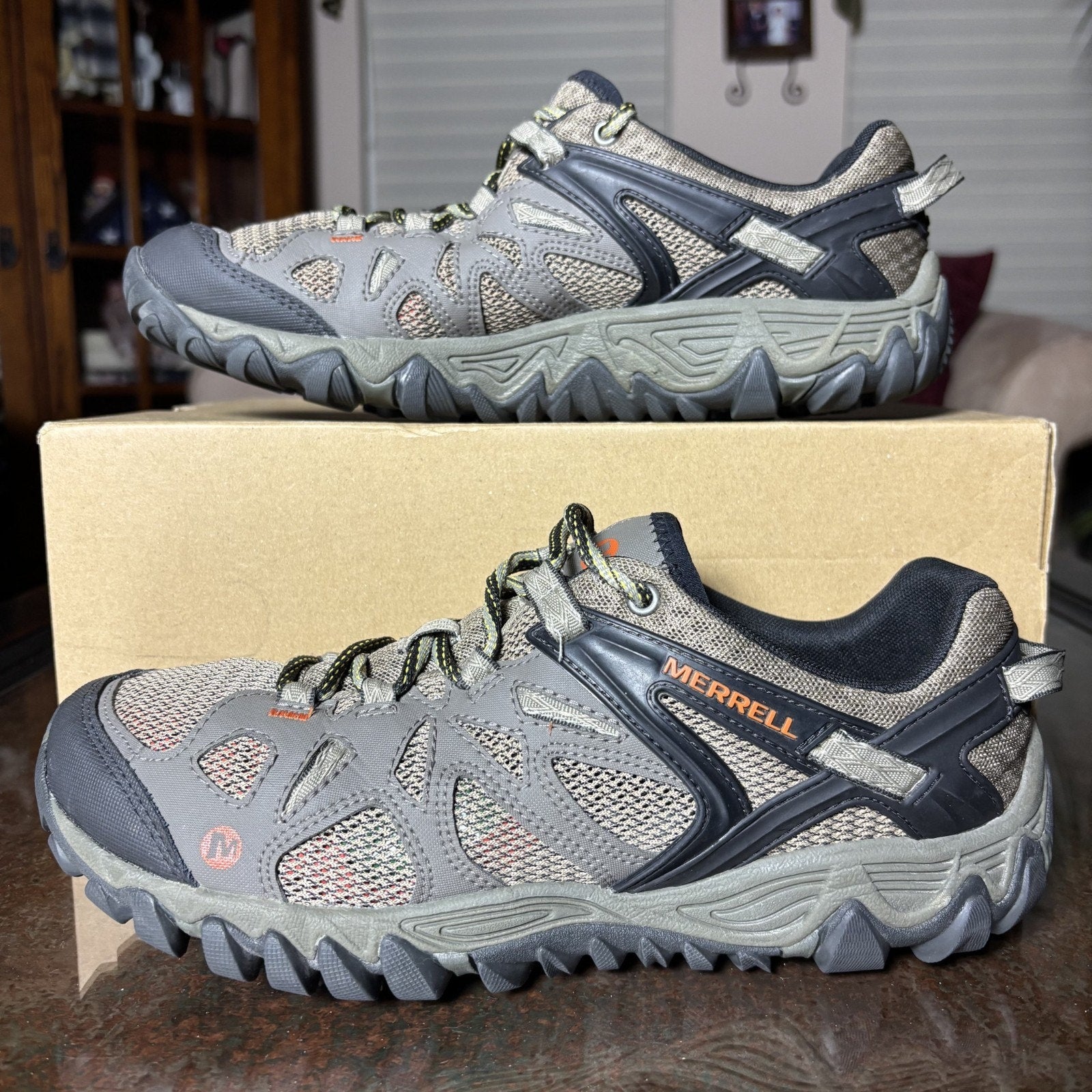 Merrell All Out Blaze Hiking Shoes Men's 9 Khaki Brown Athletic Trail Sneakers