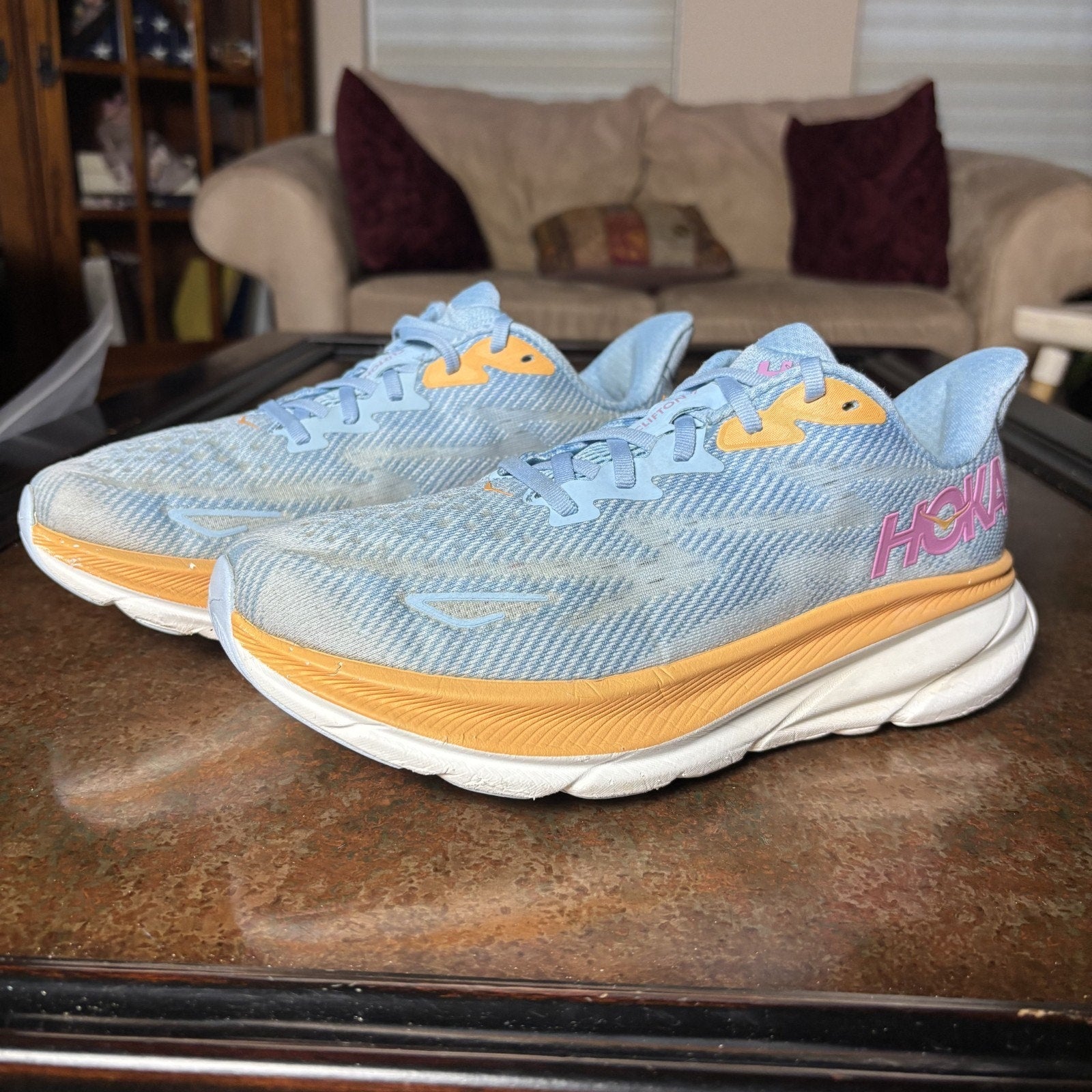 Hoka One One Clifton 9 Running Shoes Women's 8.5 D Wide Blue Athletic Sneakers