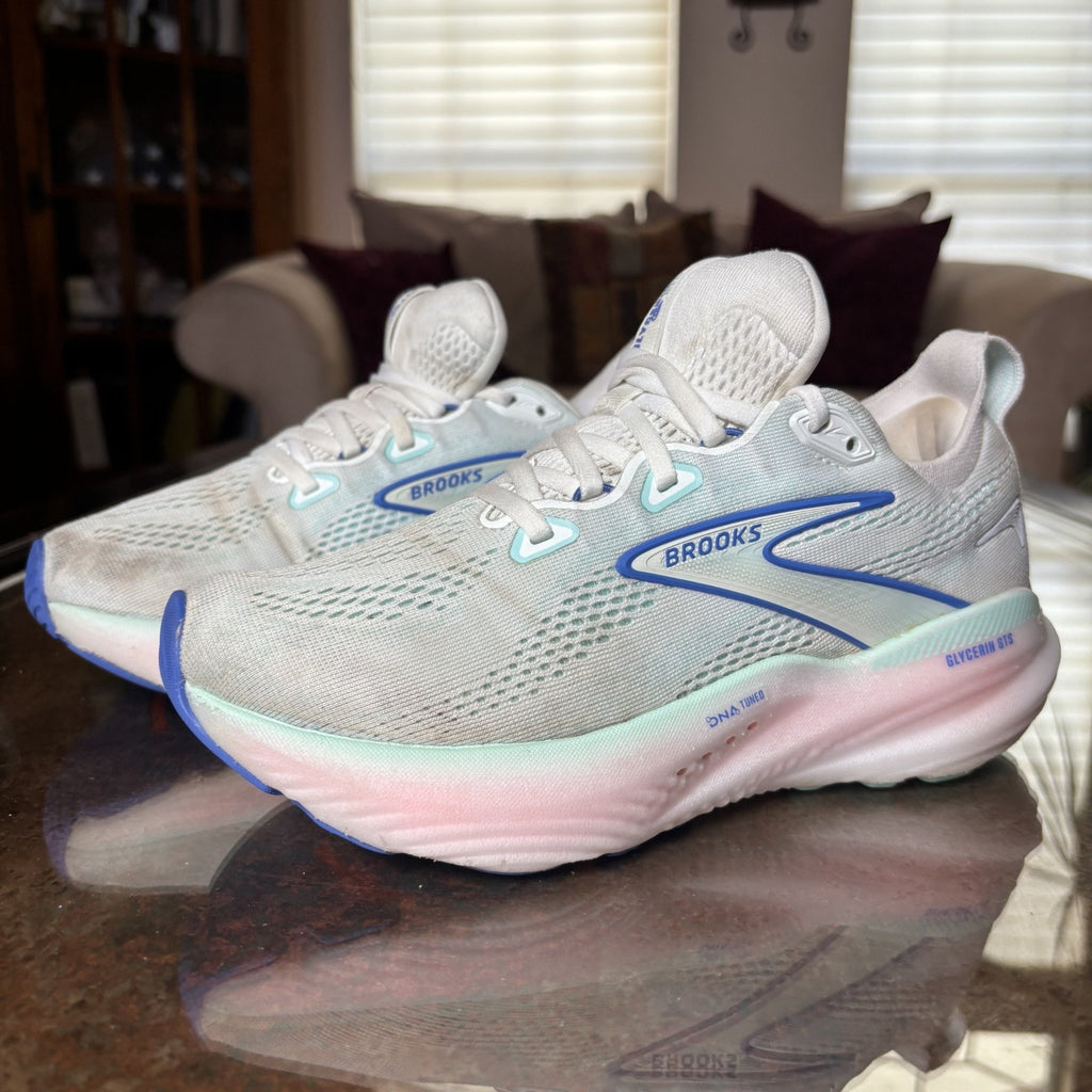 Brooks Glycerin 22 Womens 6 D Wide White Blue Pink Walking Running Shoes Sneaker