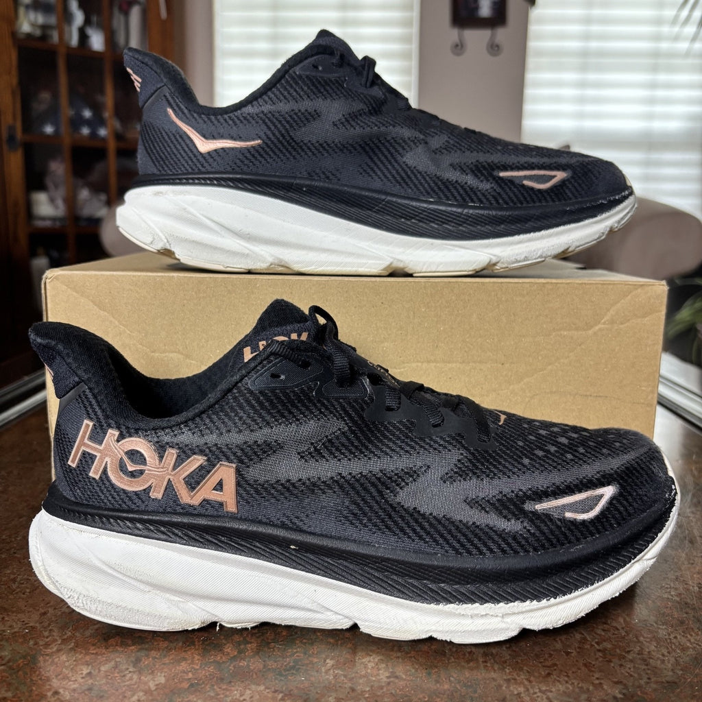 HOKA One One Clifton 9 Running Shoes Womens 9.5 Black Rose Gold Athletic Sneaker