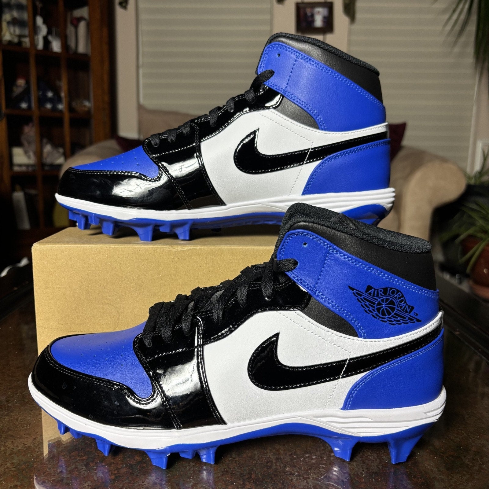 Nike Air Jordan 1 Mid TD Football Cleats Mens Size 12 Black Blue Patent Leather