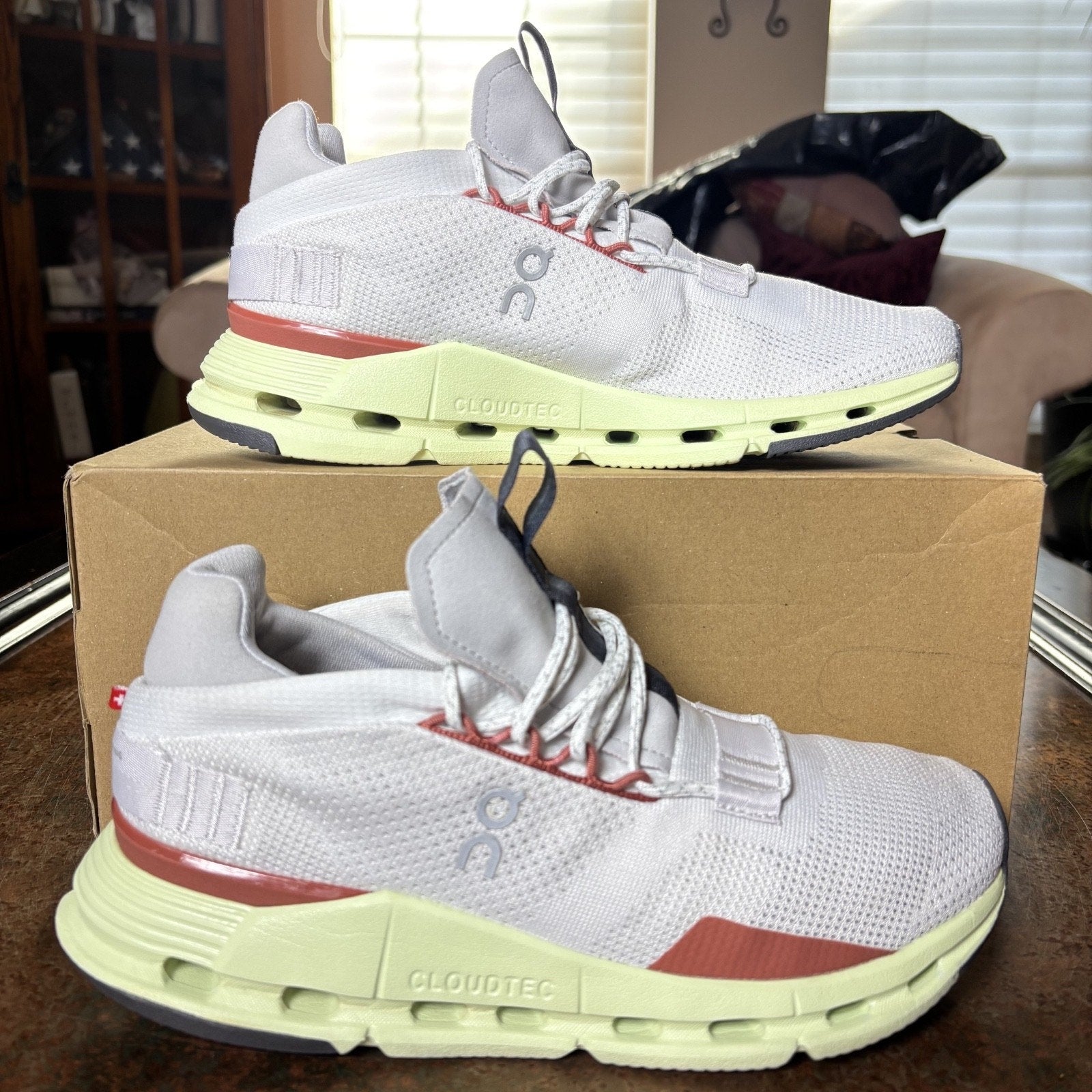 On Cloudnova Shoes Womens Size 8.5 White Lime Road Running Athletic Gym Sneakers