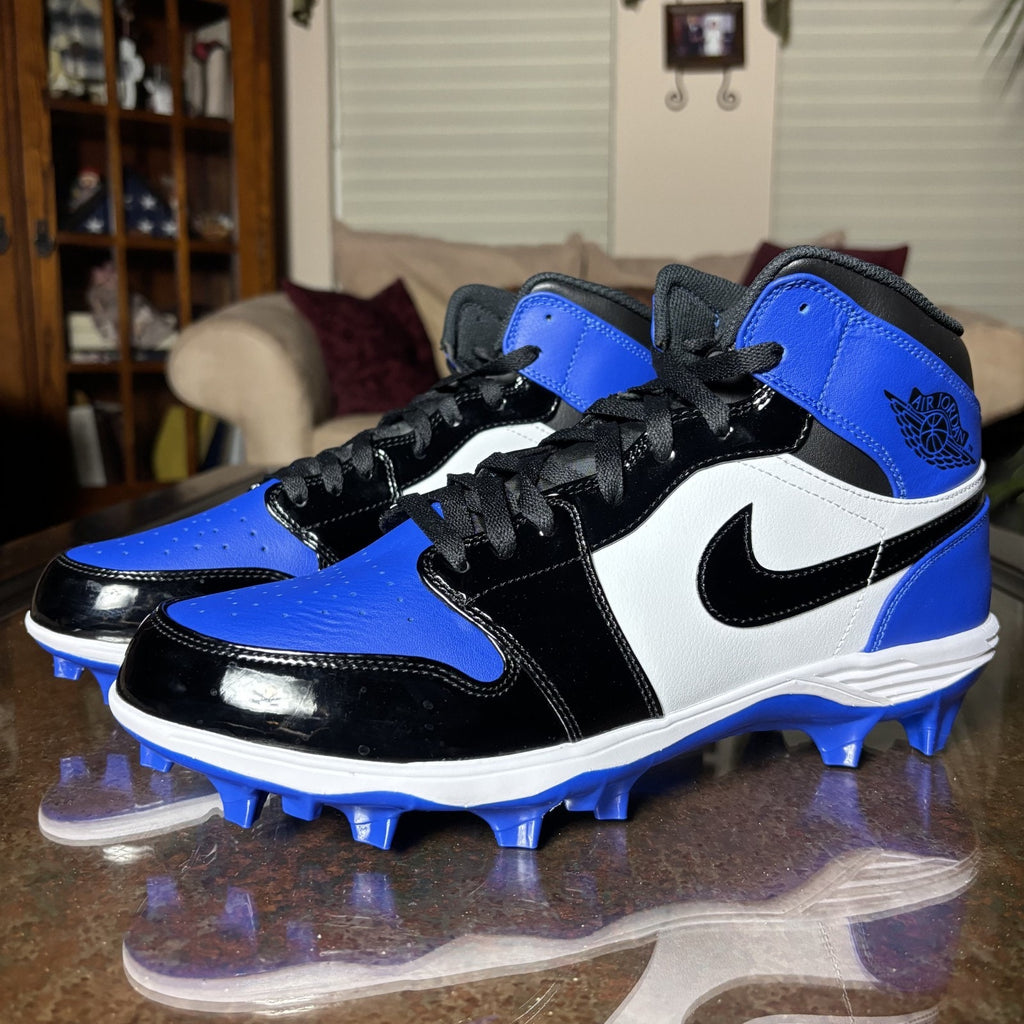 Nike Air Jordan 1 Mid TD Football Cleats Mens Size 12 Black Blue Patent Leather