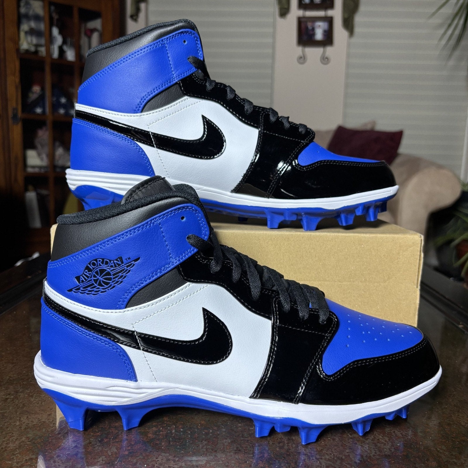 Nike Air Jordan 1 Mid TD Football Cleats Mens Size 12 Black Blue Patent Leather