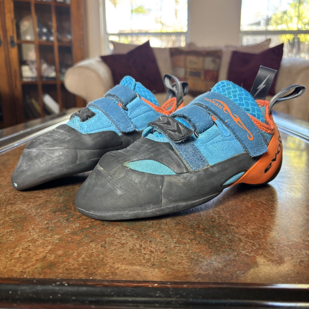 Evolv Shaman Climbing Shoes Mens Size 9 Blue Orange Bouldering Sneakers Strap On