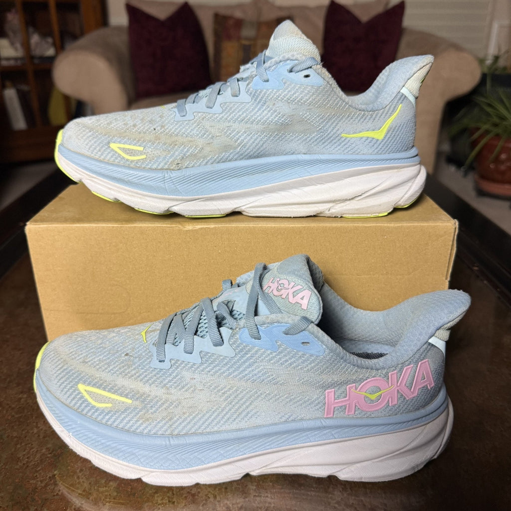 Hoka One One Clifton 9 Shoes Women's 9.5 Blue Pink Road Running Athletic Sneaker