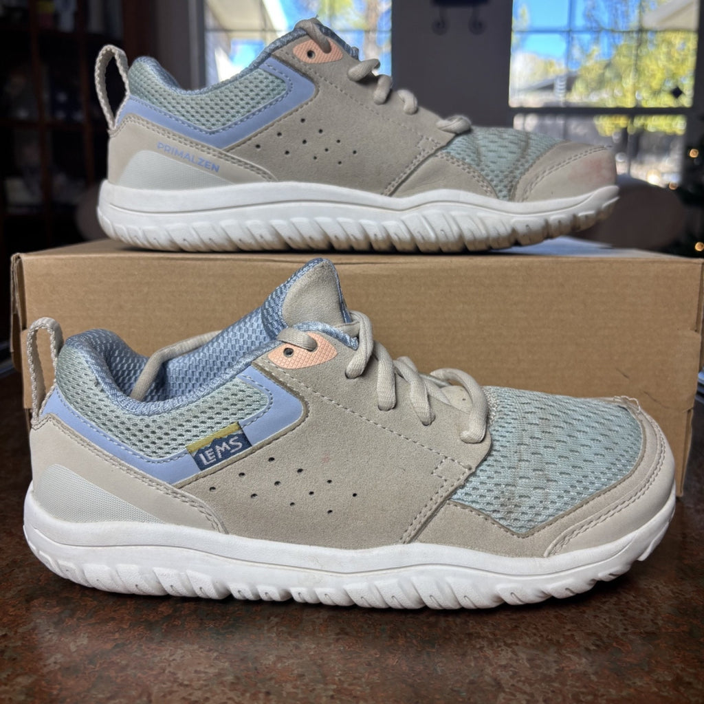 Lems Primal Zen Shoes Womens Size 8.5 Beige Blue Mesh Zero Drop Barefoot Sneaker