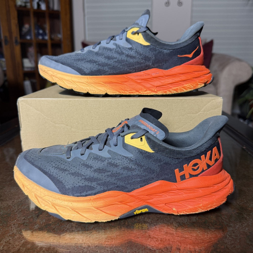Hoka One One Speedgoat 5 Shoes Mens 10 2E Wide Grey Orange Trail Running Sneaker