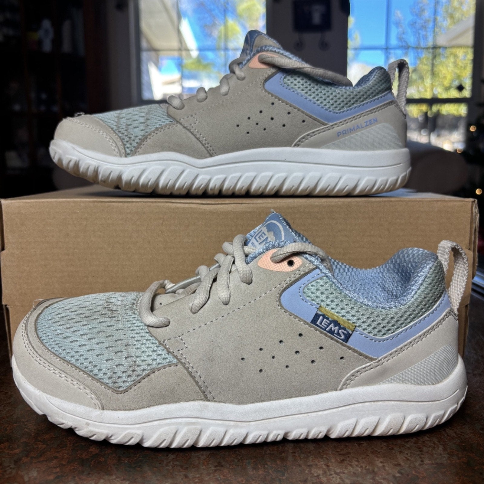Lems Primal Zen Shoes Womens Size 8.5 Beige Blue Mesh Zero Drop Barefoot Sneaker