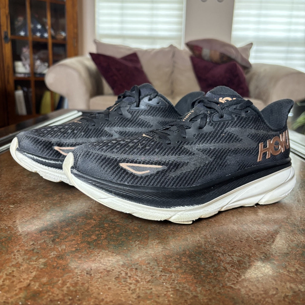 HOKA One One Clifton 9 Running Shoes Womens 9.5 Black Rose Gold Athletic Sneaker