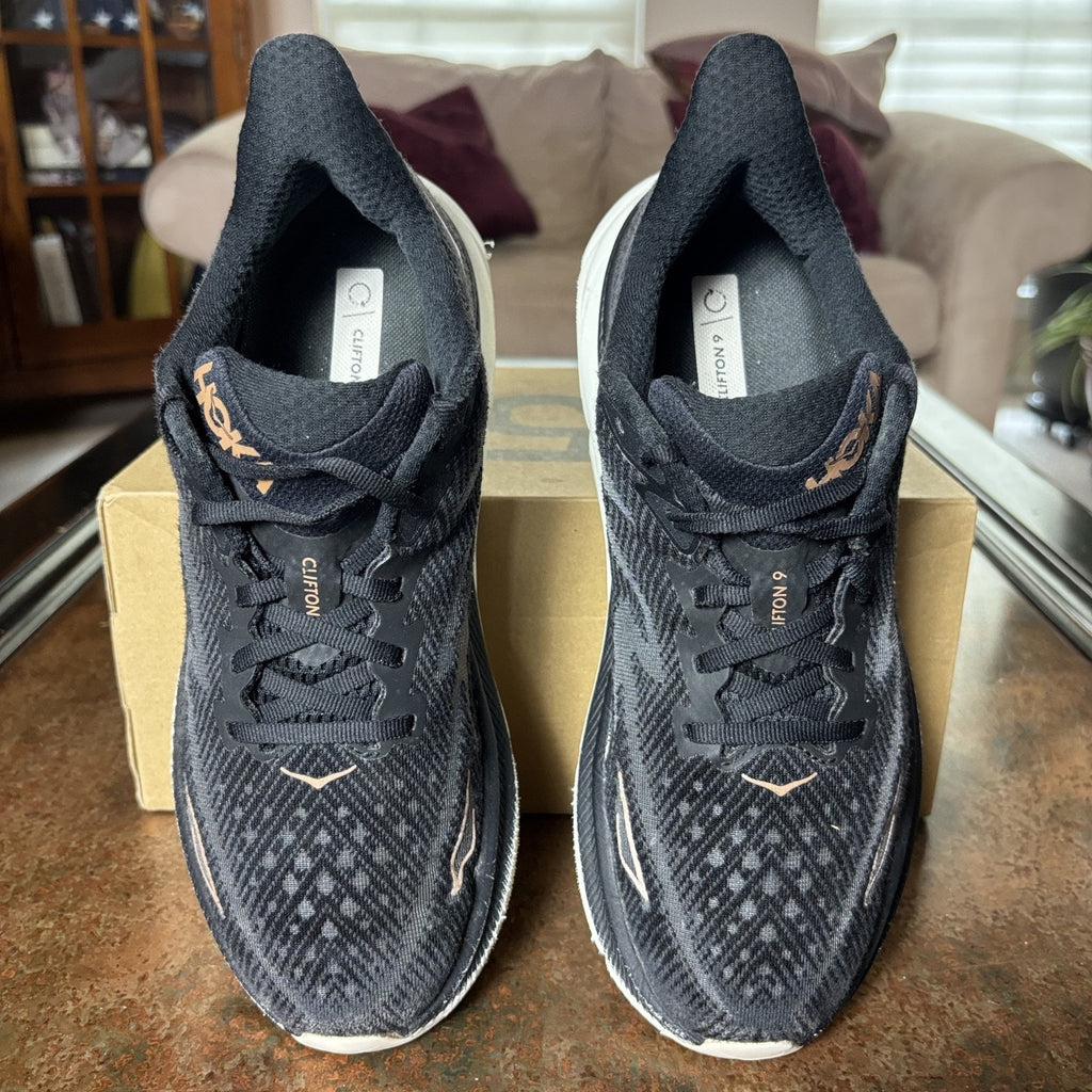 HOKA One One Clifton 9 Running Shoes Womens 9.5 Black Rose Gold Athletic Sneaker