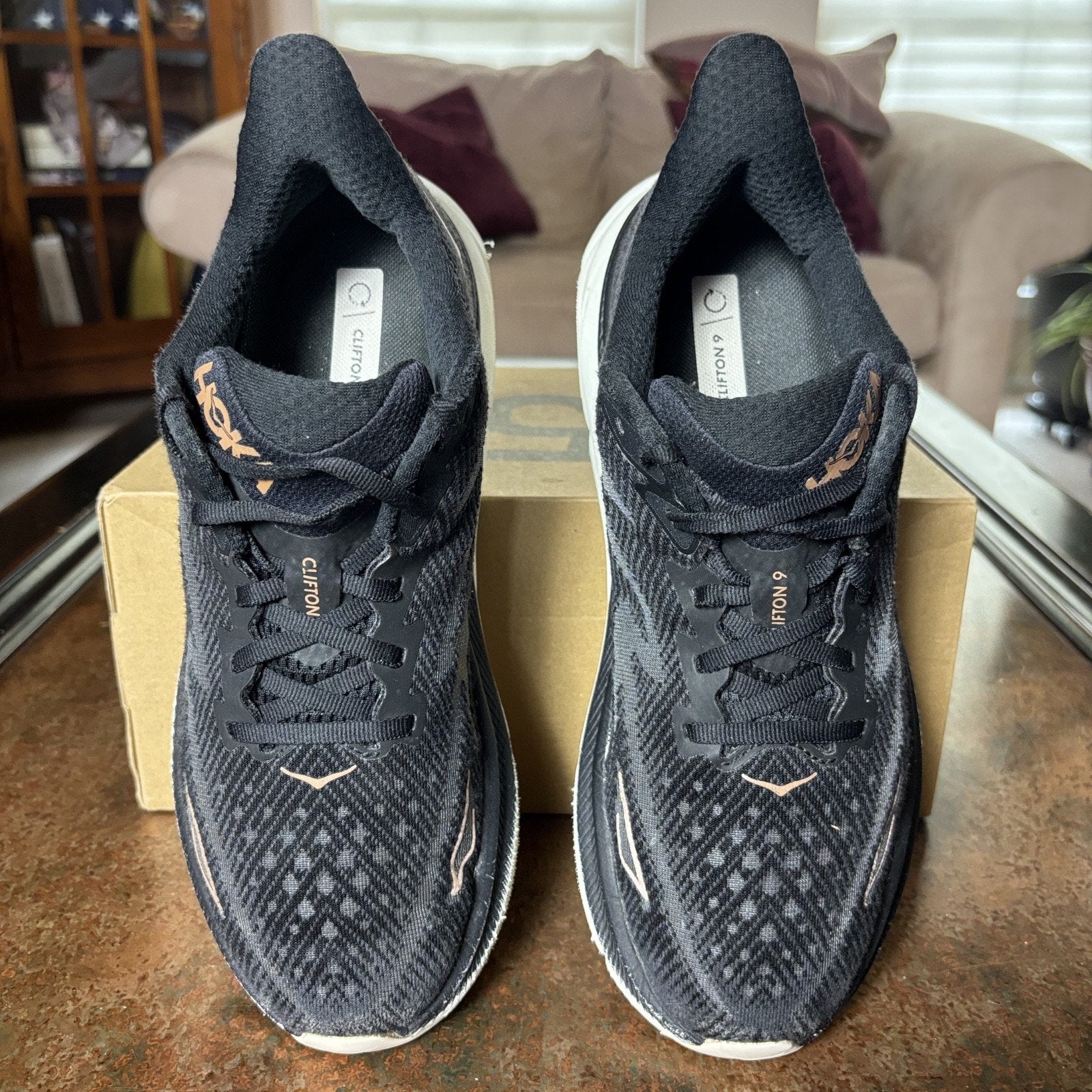 HOKA One One Clifton 9 Running Shoes Womens 9.5 Black Rose Gold Athletic Sneaker