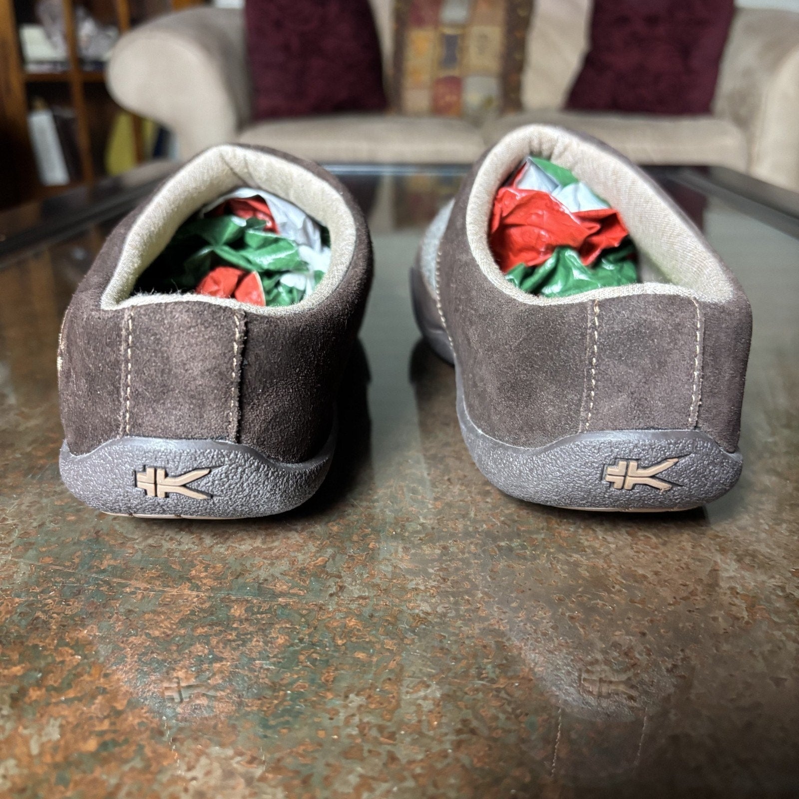 Kuru Draft Slippers Men's Size 9.5 Brown Grey Knit Comfort Walking Mule Slip-ON