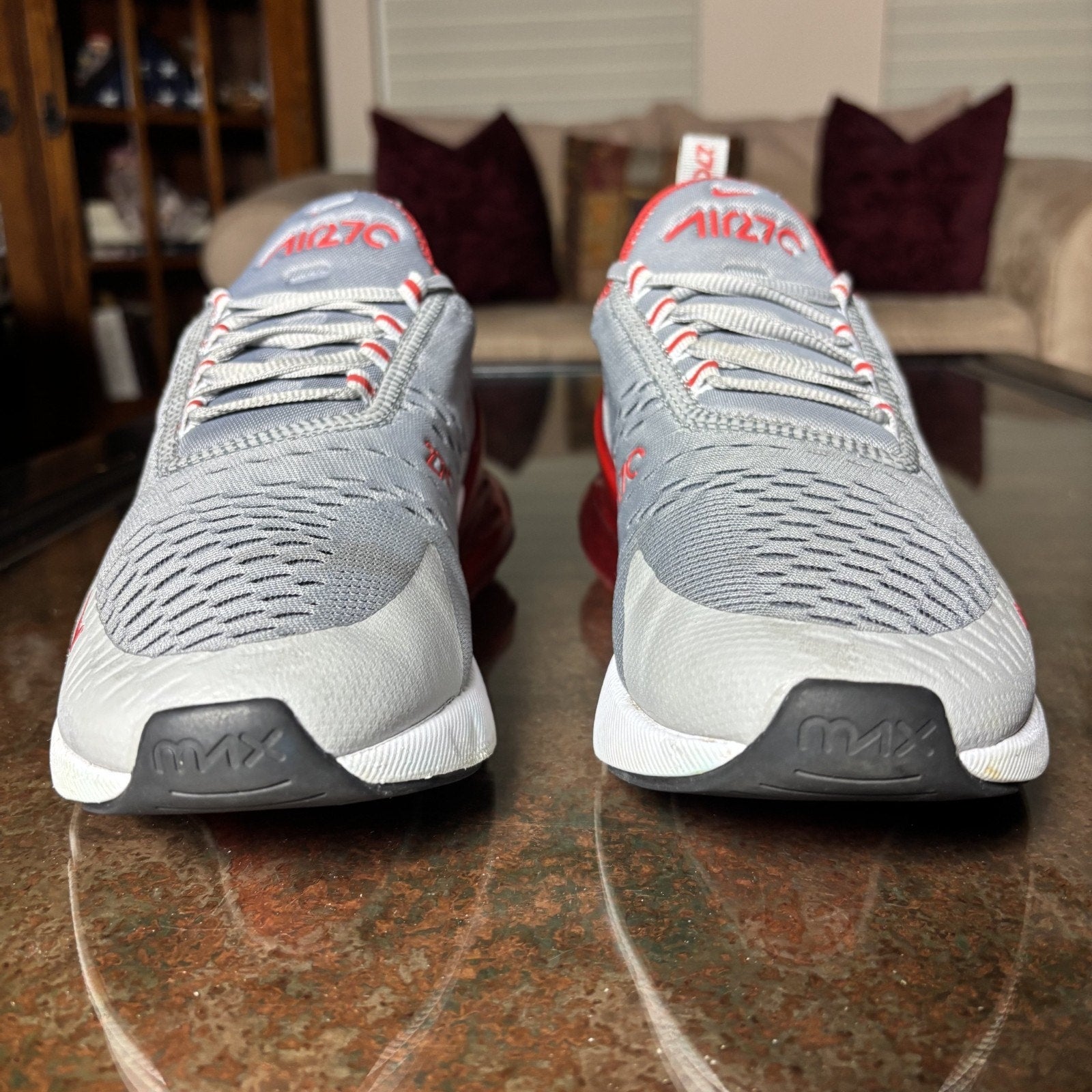 Nike Air Max 270 Shoes Mens 8.5 Grey Red Athletic Lifestyle Gym Running Sneakers
