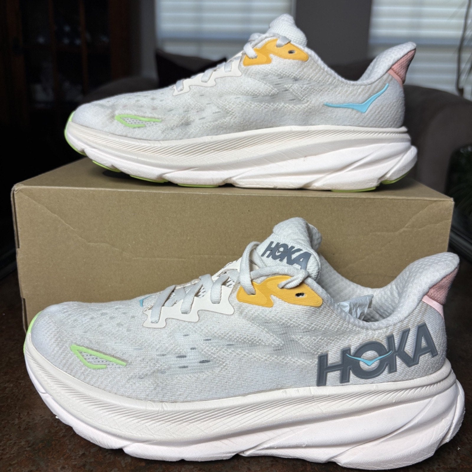 Hoka One One Clifton 9 Shoes Womens Size 8.5 Beige Running Athletic Gym Sneakers