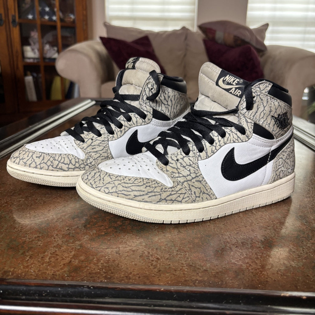 Air Jordan 1 Retro High OG Sneakers Mens Size 8 White Grey Cement Elephant Print