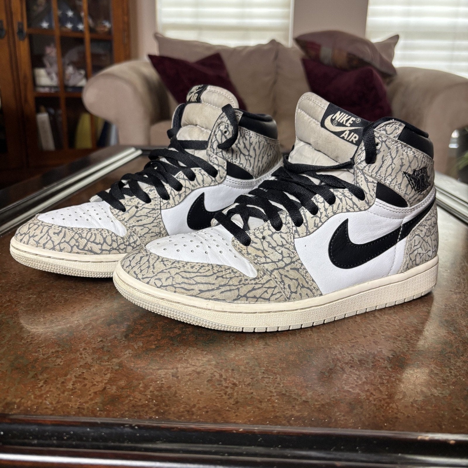 Air Jordan 1 Retro High OG Sneakers Mens Size 8 White Grey Cement Elephant Print
