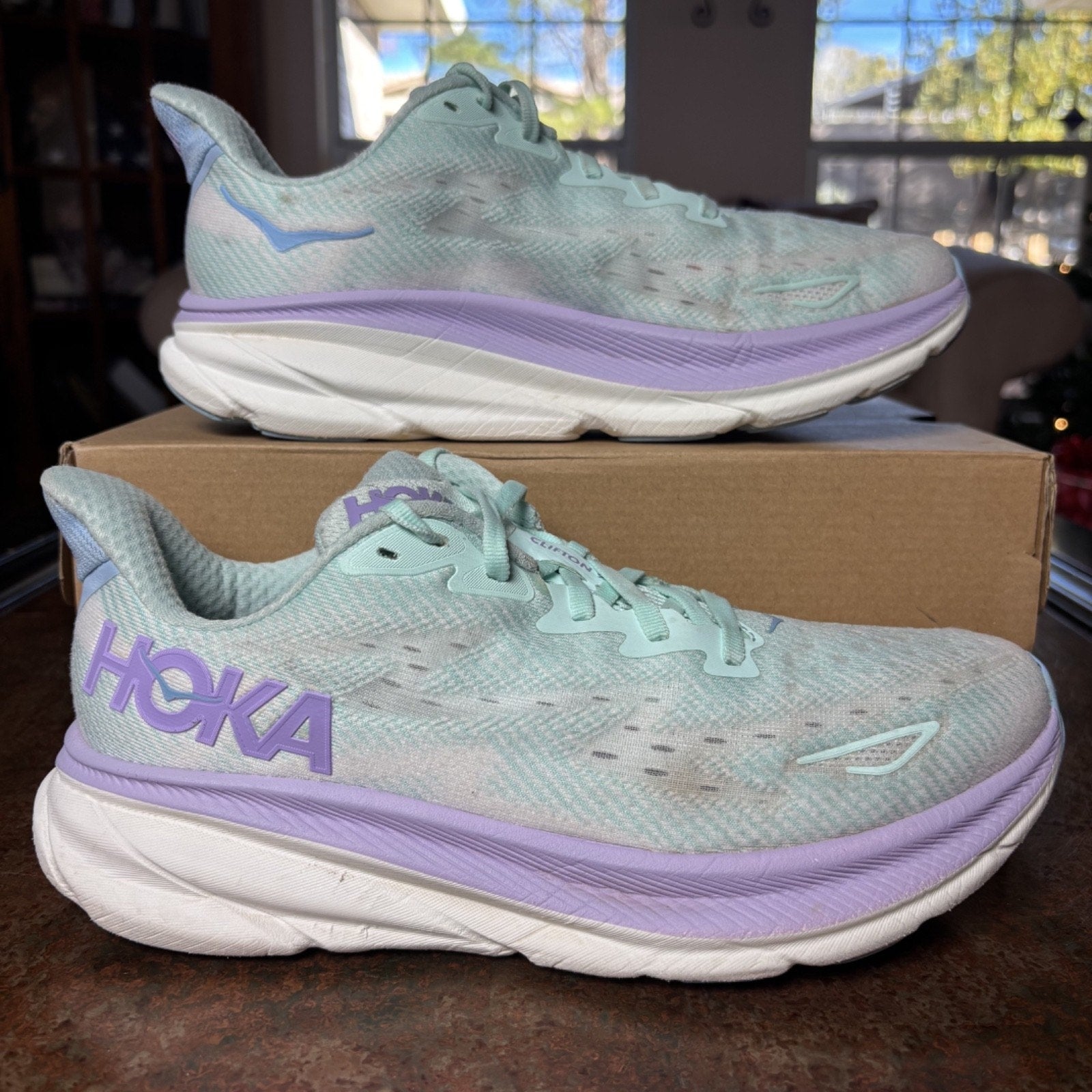 Hoka One One Clifton 9 Shoes Women's Size 9 Green Purple Road Running Athletic
