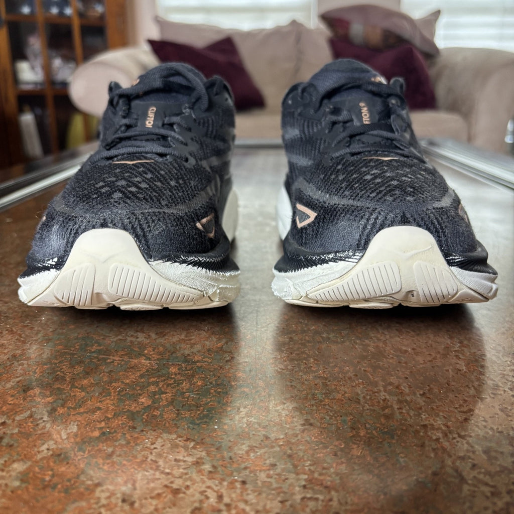 HOKA One One Clifton 9 Running Shoes Womens 9.5 Black Rose Gold Athletic Sneaker