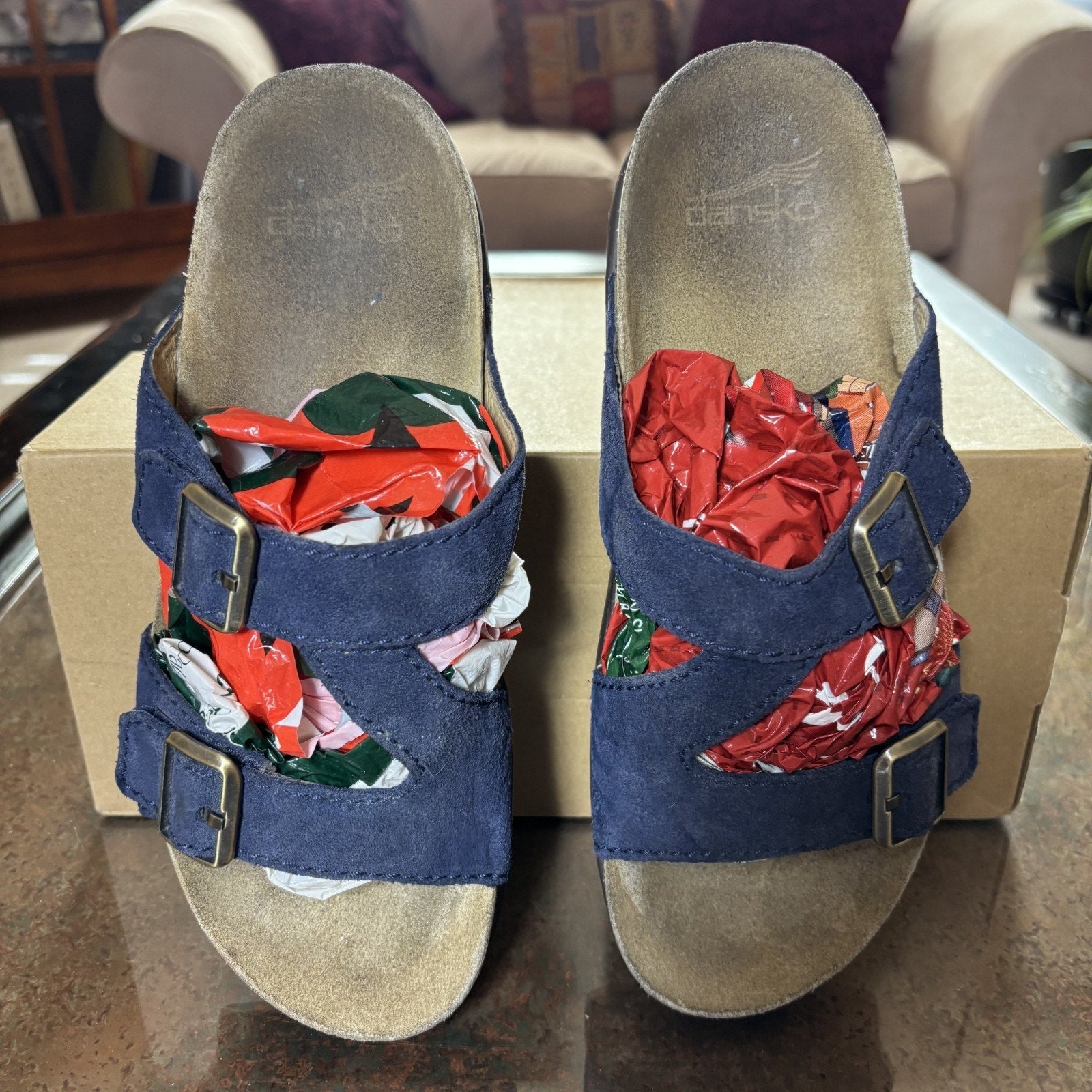 Dansko Dayna Sandals EU 39 Womens 8.5-9 Blue Suede Double Buckle Strappy Slipper