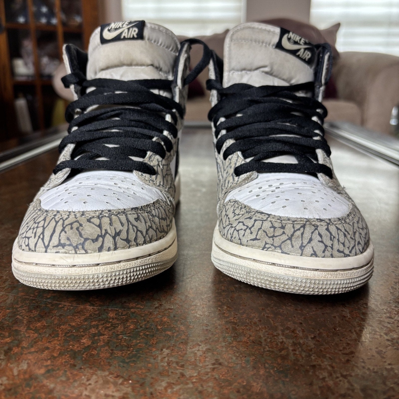 Air Jordan 1 Retro High OG Sneakers Mens Size 8 White Grey Cement Elephant Print