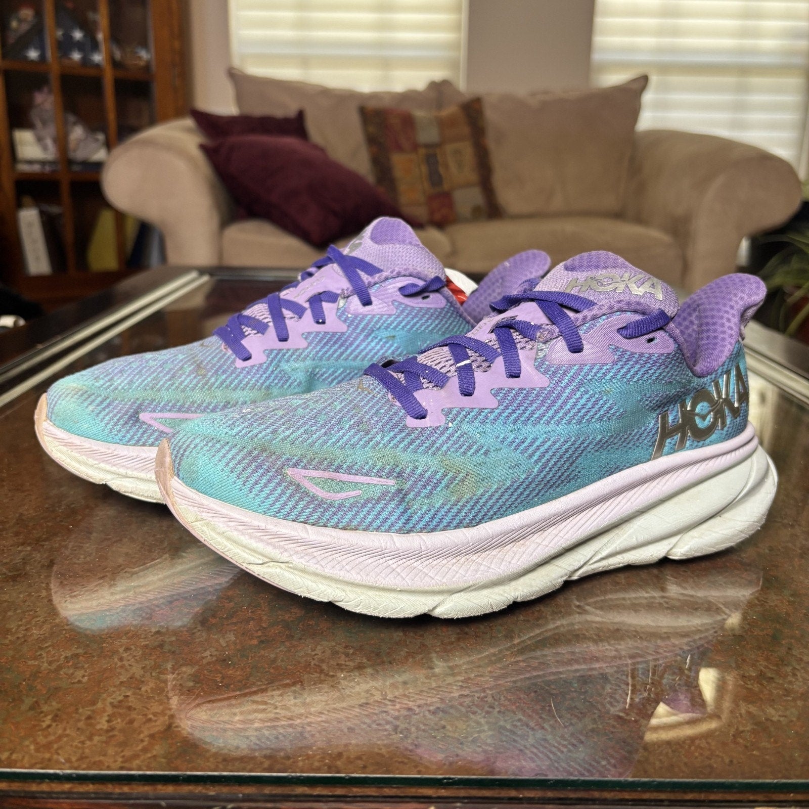 Hoka One One Clifton 9 Women's 9 Blue Purple Road Running Athletic Shoes Sneaker