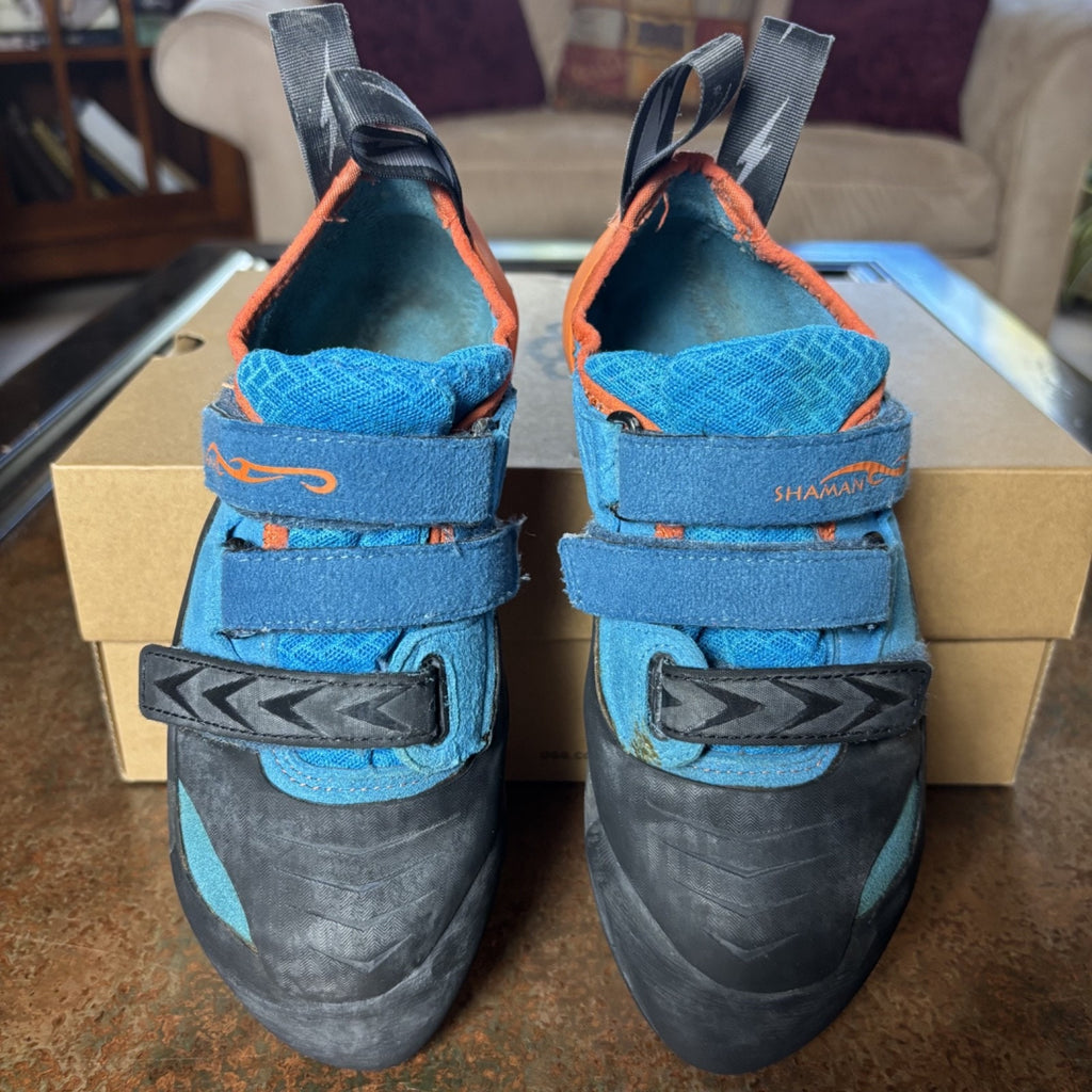Evolv Shaman Climbing Shoes Mens Size 9 Blue Orange Bouldering Sneakers Strap On
