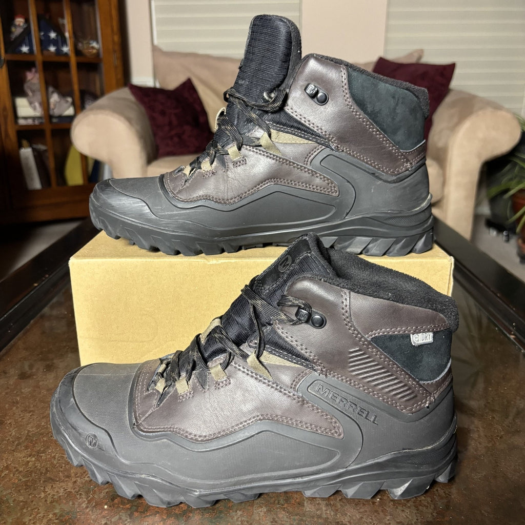 Merrell Overlook 6 Ice+ Snow Boot's Mens 9.5 Brown Black Artic Grip Waterproof