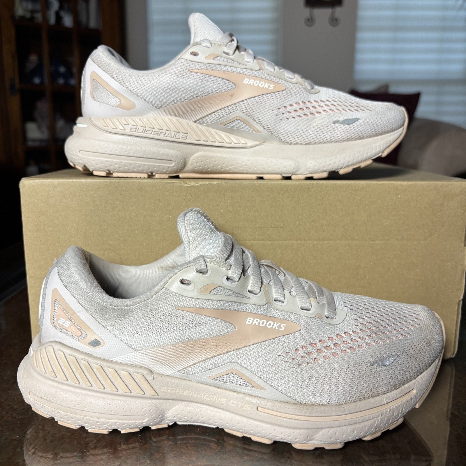 Brooks Adrenaline GTS 23 Shoes Womens Size 7 Beige Road Running Athletic Sneaker