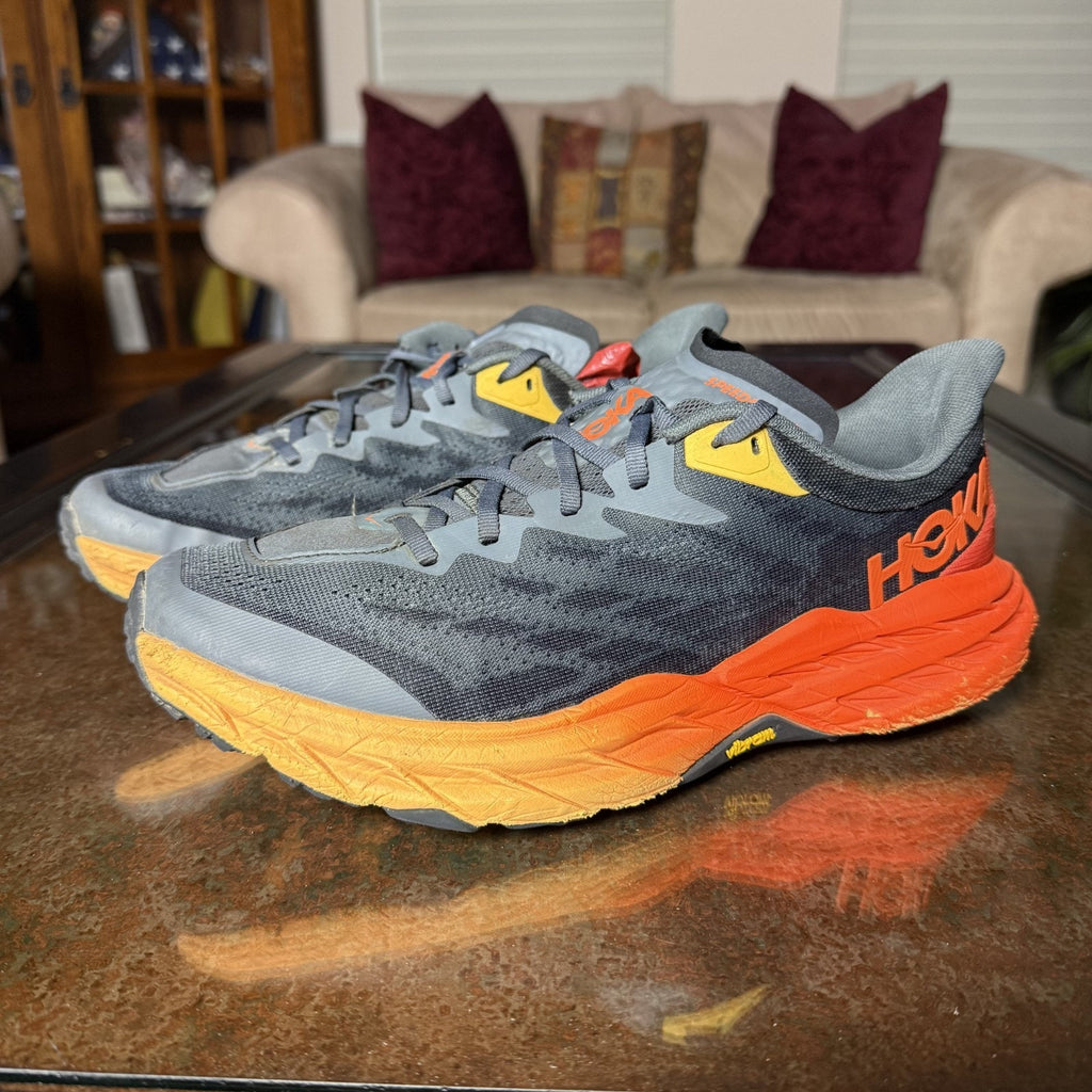 Hoka One One Speedgoat 5 Shoes Mens 10 2E Wide Grey Orange Trail Running Sneaker